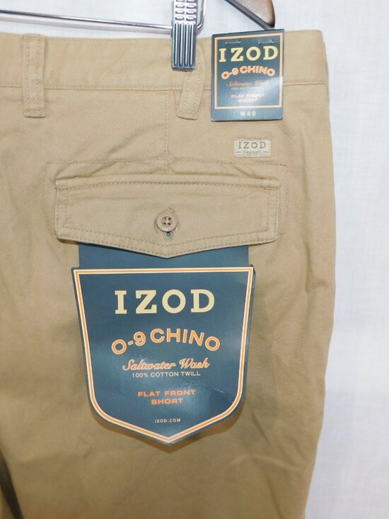 IZOD Mens 40 Chino Saltwater Wash 100% Cotton Twill Flat Front Tan Shorts NEW - Picture 9 of 9